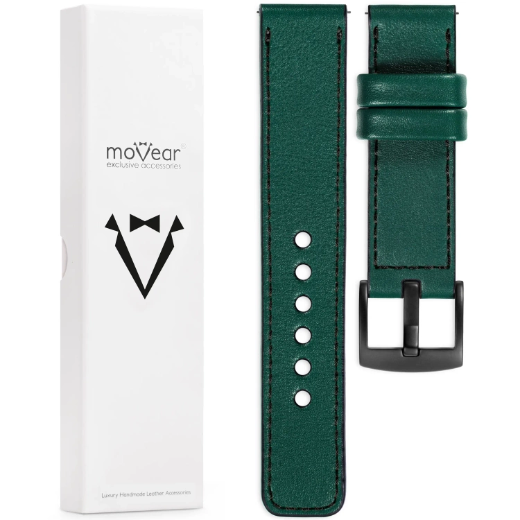 moVear Prestige C1 Skórzany pasek 21mm do zegarka | Zielony butelkowy, czarne przeszycie [rozmiary XS-XXL i klamra do wyboru]