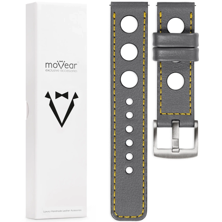 moVear Prestige R1 Skórzany pasek 20mm do zegarka | Szary, żółte przeszycie [rozmiary XS-XXL i klamra do wyboru]