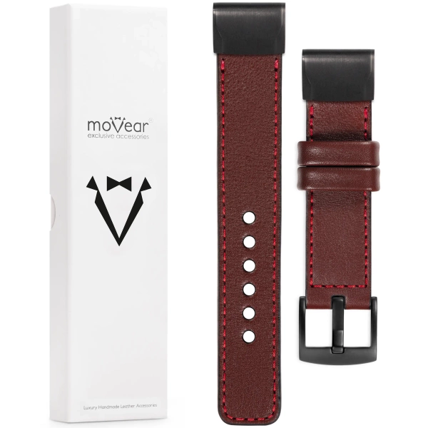 moVear Prestige C1 Skórzany pasek do Garmin QuickFit 22mm (Fenix / Forerunner / Epix / Instinct / Enduro / Quatix / MARQ - 47/45mm) | Kasztanowy, czerwone przeszycie [rozmiary XS-XXL i klamra do wyboru]