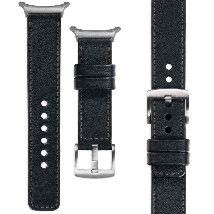moVear Prestige C1 Skórzany pasek 24mm do Samsung Galaxy Watch Ultra | Czarny, grafitowe przeszycie [rozmiary XS-XXL i klamra do wyboru]