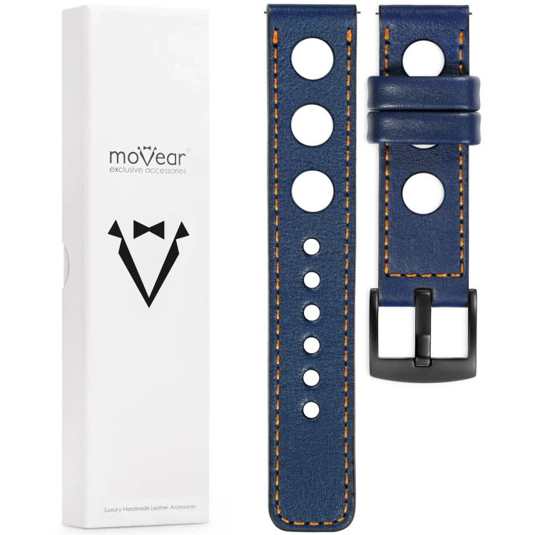 moVear Prestige R1 Skórzany pasek 20mm do zegarka | Granatowy, pomarańczowe przeszycie [rozmiary XS-XXL i klamra do wyboru]