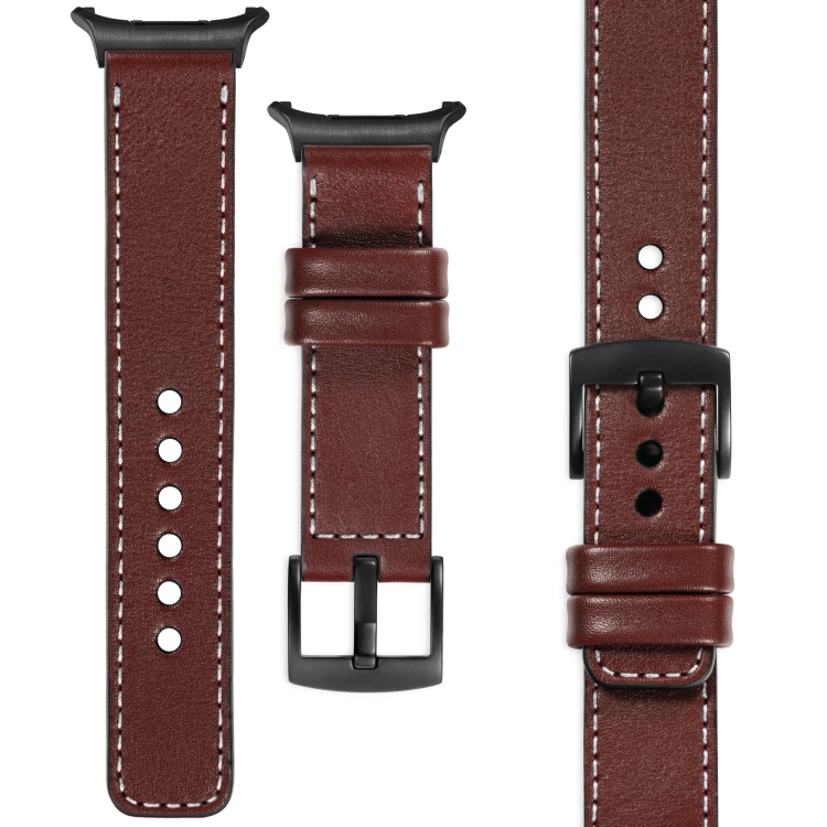moVear Prestige C1 Skórzany pasek 24mm do Samsung Galaxy Watch Ultra | Kasztanowy, białe przeszycie [rozmiary XS-XXL i klamra do wyboru]