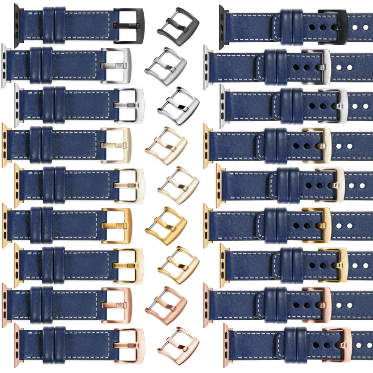 moVear Prestige C1 Skórzany pasek 20mm do Apple Watch 10 / 9 / 8 / 7 / 6 / 5 / 4 / SE (46/45/44mm) & Ultra (49mm) | Granatowy, białe przeszycie [rozmiary XS-XXL i klamra do wyboru]