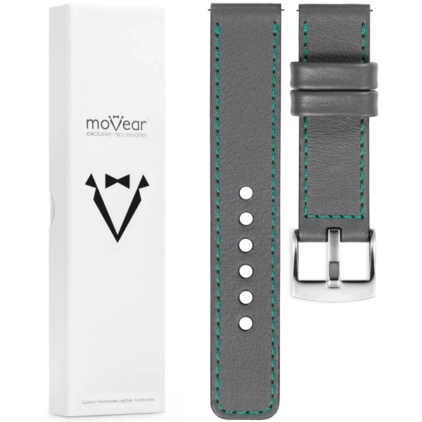 moVear Prestige C1 Skórzany pasek 22mm do zegarka | Szary, turkusowe przeszycie [rozmiary XS-XXL i klamra do wyboru]