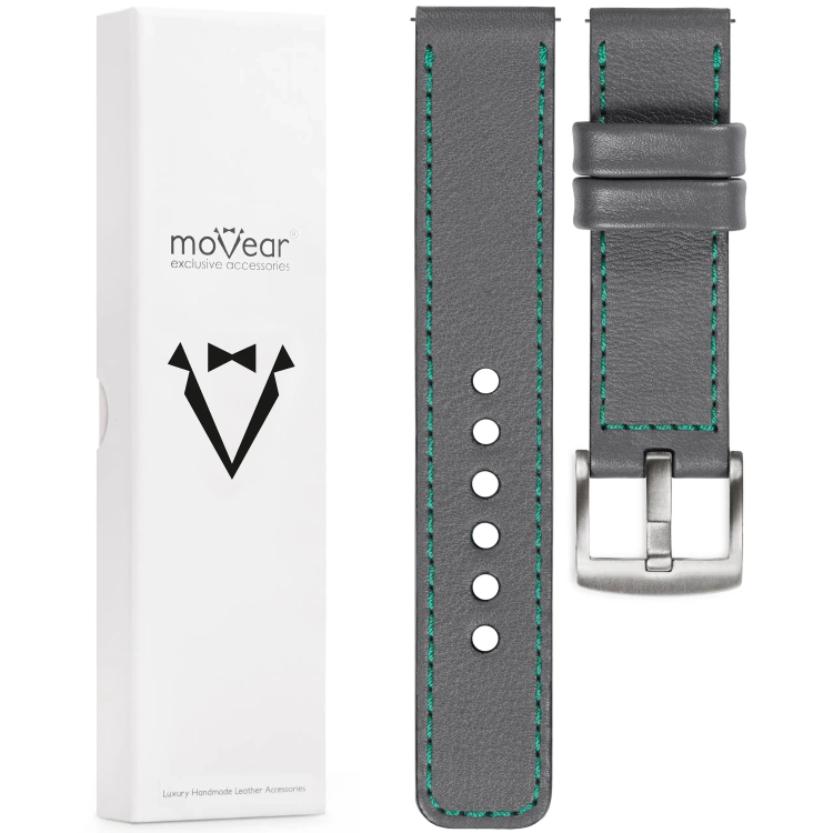 moVear Prestige C1 Skórzany pasek 26mm do zegarka | Szary, turkusowe przeszycie [rozmiary XS-XXL i klamra do wyboru]
