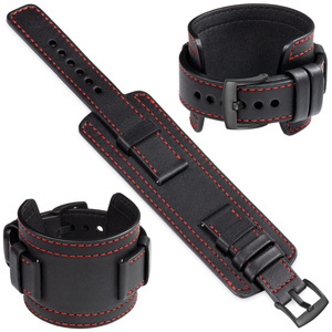 moVear Prestige CW1 Szeroki skórzany pasek 22mm do zegarka | Czarny, czerwone przeszycie [rozmiary XS-XXL i klamra do wyboru]
