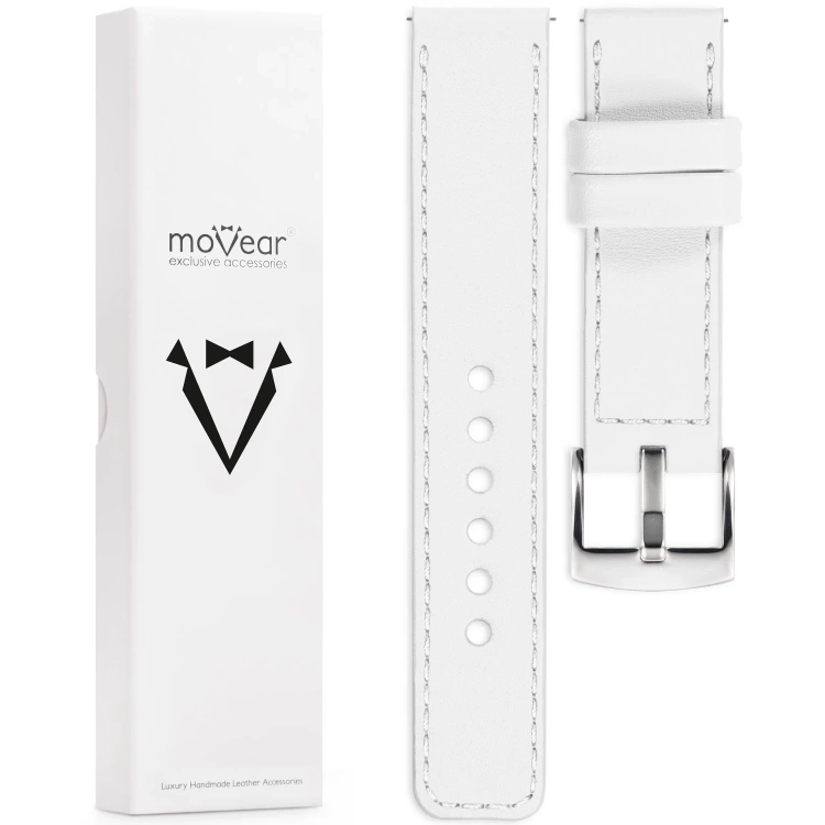 moVear Prestige C1 Skórzany pasek 18mm do zegarka | Biały, białe przeszycie [rozmiary XS-XXL i klamra do wyboru]