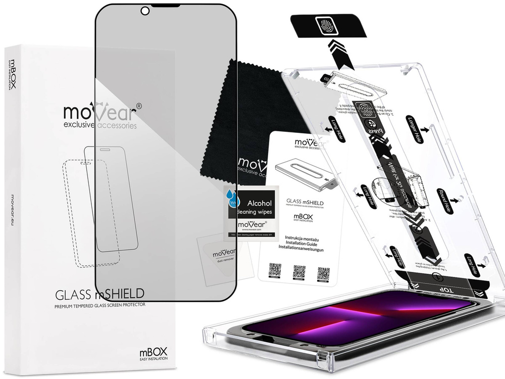 moVear mBOX GLASS mSHIELD 2.5D MAX privacy do Apple iPhone 14 Plus / 13 Pro Max (6.7") (Anty spy, z Aplikatorem)