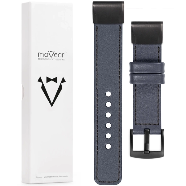 moVear Prestige C1 Skórzany pasek do Garmin QuickFit 22mm (Fenix / Forerunner / Epix / Instinct / Enduro / Quatix / MARQ - 47/45mm) | Szary stalowy, czarne przeszycie [rozmiary XS-XXL i klamra do wyboru]