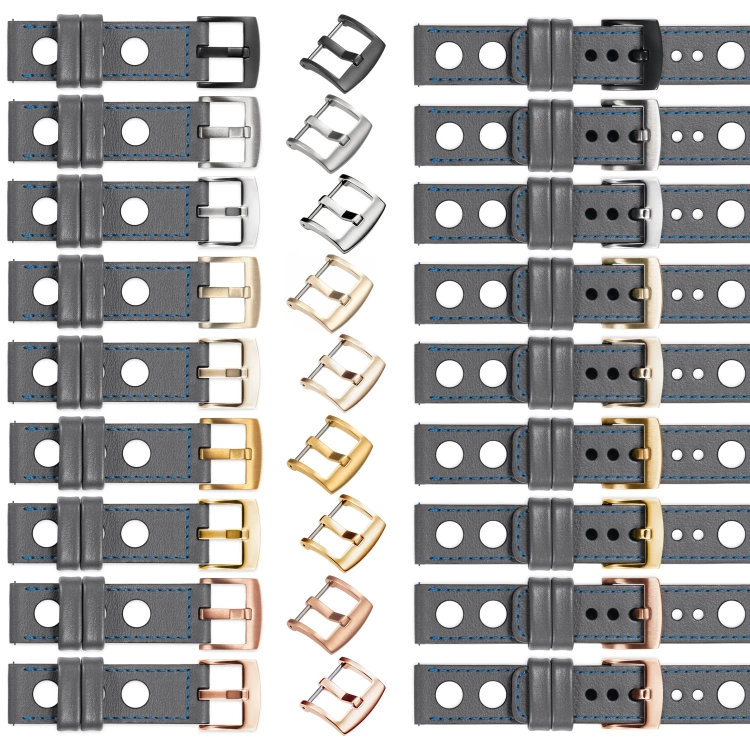 moVear Prestige R1 Skórzany pasek 18mm do zegarka | Szary, niebieskie przeszycie [rozmiary XS-XXL i klamra do wyboru]