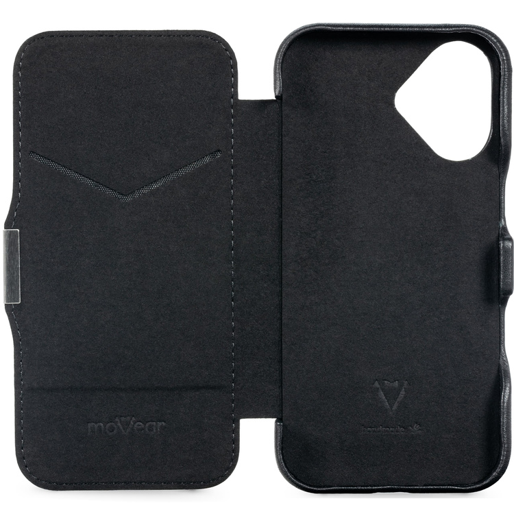 moVear flipSide 4C skórzane etui do Apple iPhone 16 (6.1") | Skóra naturalna gładka (Czarna)