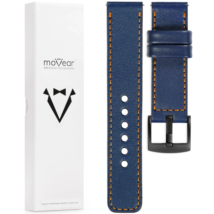 moVear Prestige C1 Skórzany pasek 22mm do Samsung Galaxy Watch 3 (45mm) / Watch (46mm) / Gear S3 | Granatowy, pomarańczowe przeszycie [rozmiary XS-XXL i klamra do wyboru]