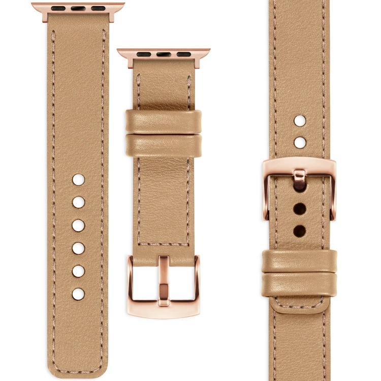 moVear Prestige C1 Skórzany pasek 20mm do Apple Watch 10 / 9 / 8 / 7 / 6 / 5 / 4 / SE (46/45/44mm) & Ultra (49mm) | Cappuccino, różowe złoto przeszycie [rozmiary XS-XXL i klamra do wyboru]