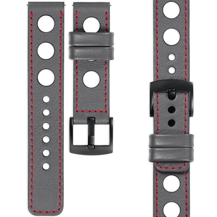 moVear Prestige R1 Skórzany pasek 24mm do zegarka | Szary, czerwone przeszycie [rozmiary XS-XXL i klamra do wyboru]