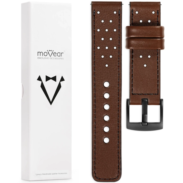 moVear Prestige R2 Skórzany pasek 20mm do Samsung Galaxy Watch 7 / 6 / 5 / 4 / 3 & Pro / FE / Classic / Active | Ciemnobrązowy, czarne przeszycie [rozmiary XS-XXL i klamra do wyboru]