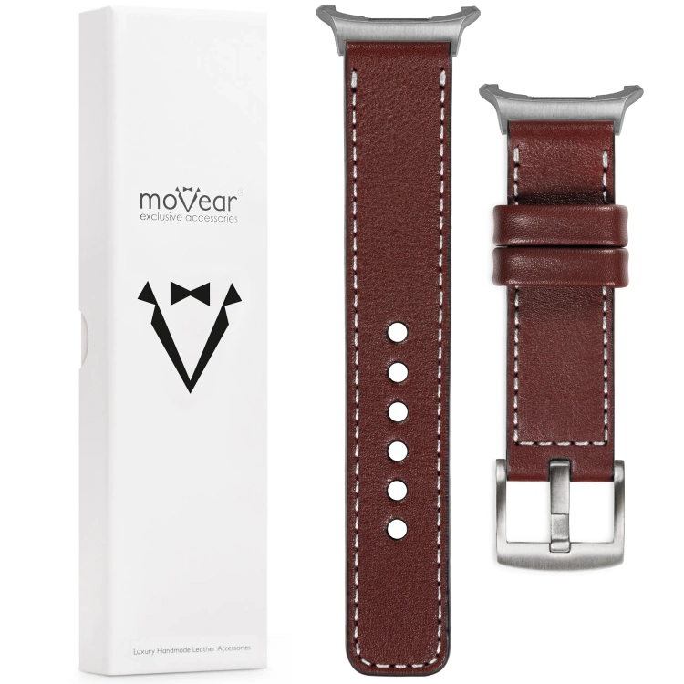 moVear Prestige C1 Skórzany pasek 22mm do Samsung Galaxy Watch Ultra | Kasztanowy, białe przeszycie [rozmiary XS-XXL i klamra do wyboru]