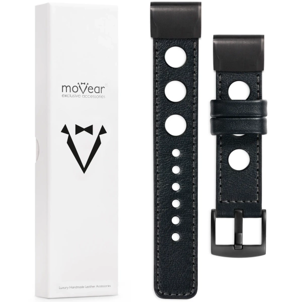 moVear Prestige R1 Skórzany pasek do Garmin QuickFit 22mm (Fenix / Forerunner / Epix / Instinct / Enduro / Quatix / MARQ - 47/45mm) | Czarny, grafitowe przeszycie [rozmiary XS-XXL i klamra do wyboru]