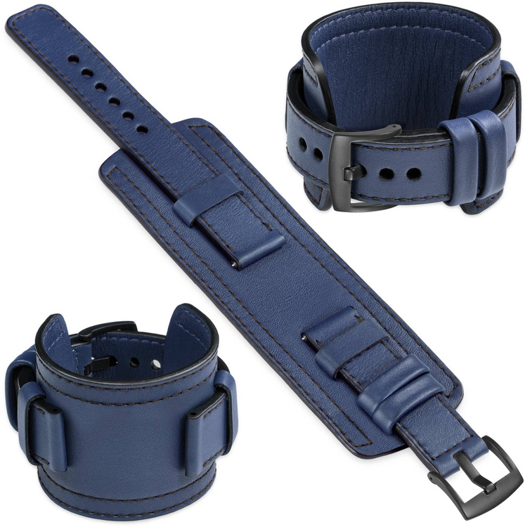 moVear Prestige CW1 Szeroki skórzany pasek 20mm do Samsung Galaxy Watch 7 / 6 / 5 / 4 / 3 & Pro / FE / Classic / Active | Granatowy, czarne przeszycie [rozmiary XS-XXL i klamra do wyboru]
