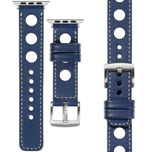 moVear Prestige R1 Skórzany pasek 24mm do Apple Watch 10 / 9 / 8 / 7 / 6 / 5 / 4 / SE (46/45/44mm) & Ultra (49mm) | Granatowy, białe przeszycie [rozmiary XS-XXL i klamra do wyboru]