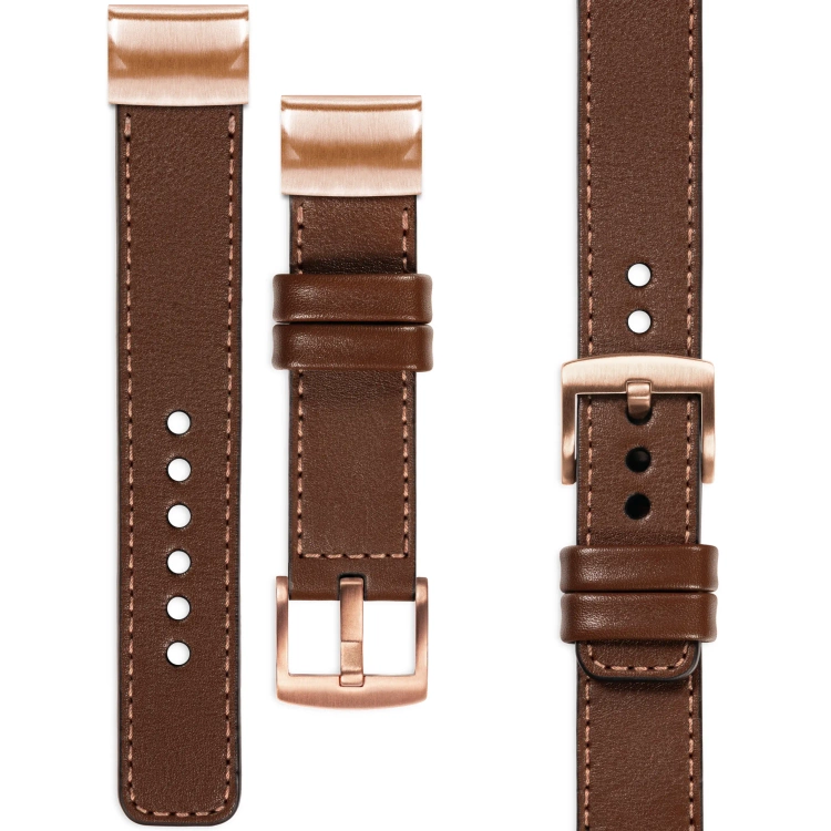 moVear Prestige C1 Skórzany pasek do Garmin QuickFit 20mm (Fenix / Instinct - 43/42/40mm) | Ciemnobrązowy, różowe złoto przeszycie [rozmiary XS-XXL i klamra do wyboru]