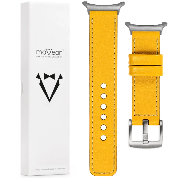 moVear Prestige C1 Skórzany pasek 24mm do Samsung Galaxy Watch Ultra | Żółty, żółte przeszycie [rozmiary XS-XXL i klamra do wyboru]