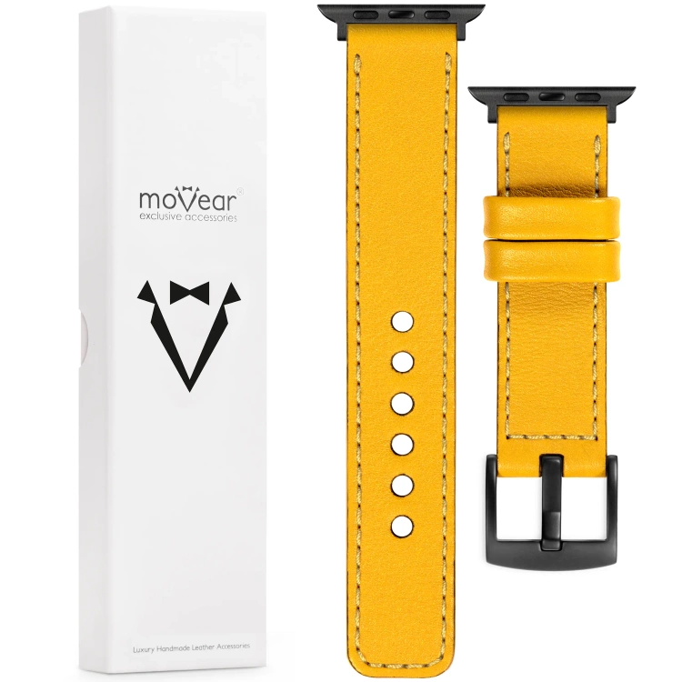 moVear Prestige C1 Skórzany pasek 22mm do Apple Watch 10 / 9 / 8 / 7 / 6 / 5 / 4 / SE (46/45/44mm) & Ultra (49mm) | Żółty, żółte przeszycie [rozmiary XS-XXL i klamra do wyboru]