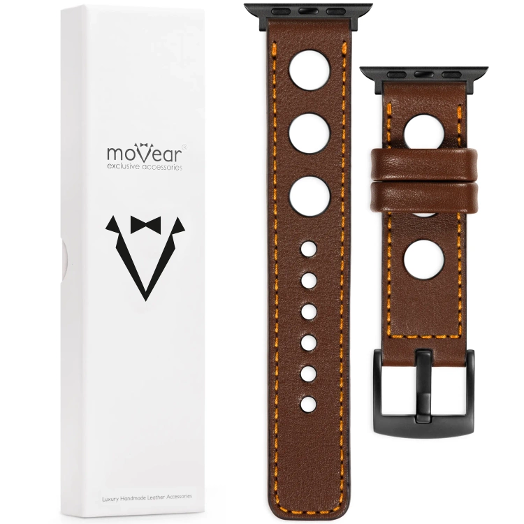 moVear Prestige R1 Skórzany pasek 24mm do Apple Watch 10 / 9 / 8 / 7 / 6 / 5 / 4 / SE (46/45/44mm) & Ultra (49mm) | Ciemnobrązowy, pomarańczowe przeszycie [rozmiary XS-XXL i klamra do wyboru]