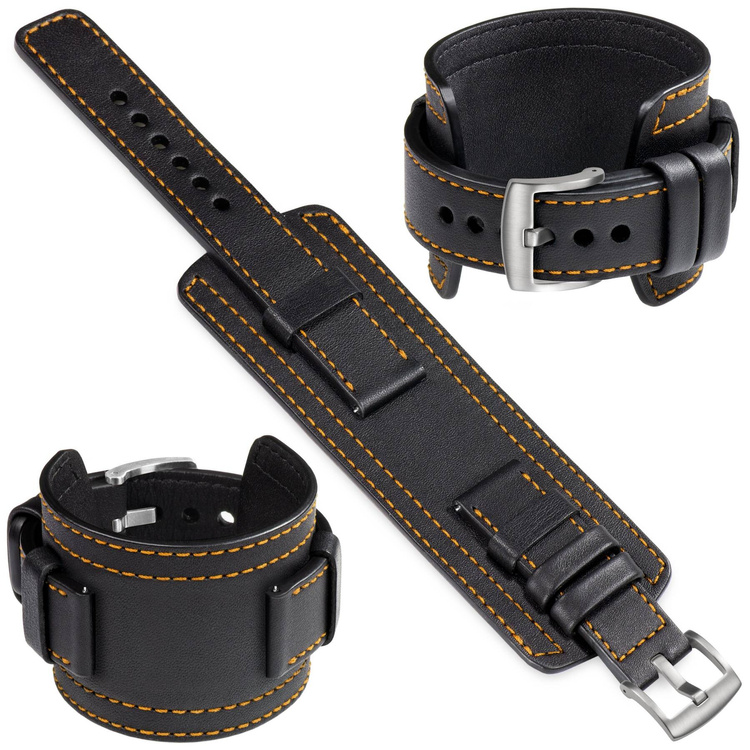 moVear Prestige CW1 Szeroki skórzany pasek 22mm do zegarka | Czarny, pomarańczowe przeszycie [rozmiary XS-XXL i klamra do wyboru]