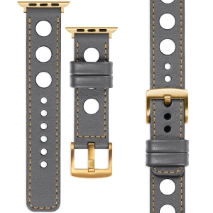 moVear Prestige R1 Skórzany pasek 22mm do Apple Watch 10 / 9 / 8 / 7 / 6 / 5 / 4 / SE (42/41/40mm) | Szary, złote przeszycie [rozmiary XS-XXL i klamra do wyboru]