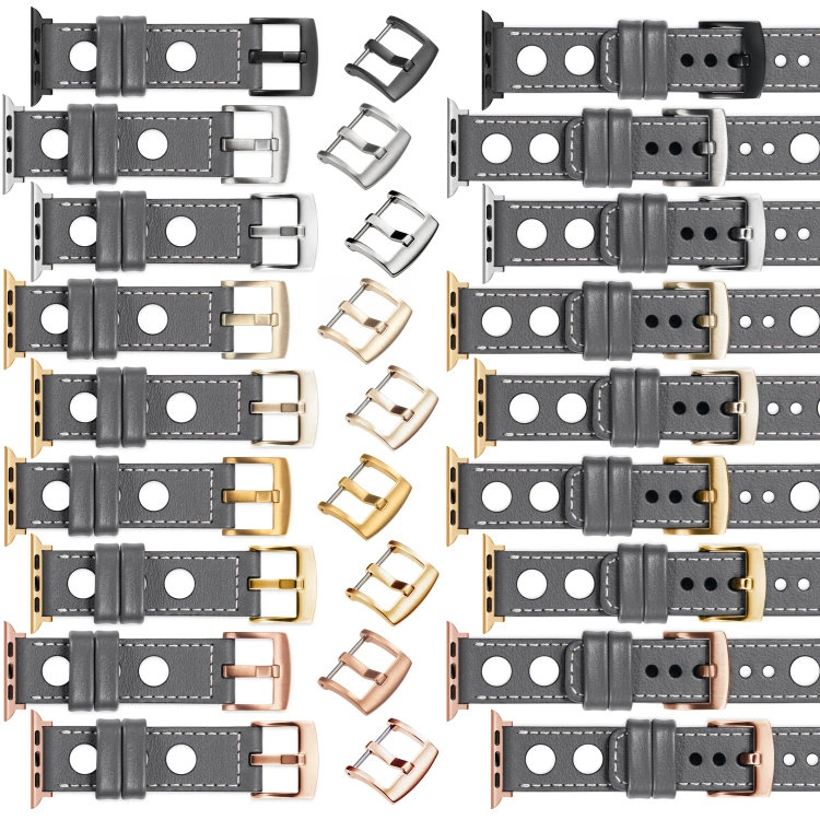 moVear Prestige R1 Skórzany pasek 22mm do Apple Watch 10 / 9 / 8 / 7 / 6 / 5 / 4 / SE (42/41/40mm) | Szary, białe przeszycie [rozmiary XS-XXL i klamra do wyboru]