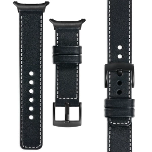 moVear Prestige C1 Skórzany pasek 22mm do Samsung Galaxy Watch Ultra | Czarny, białe przeszycie [rozmiary XS-XXL i klamra do wyboru]