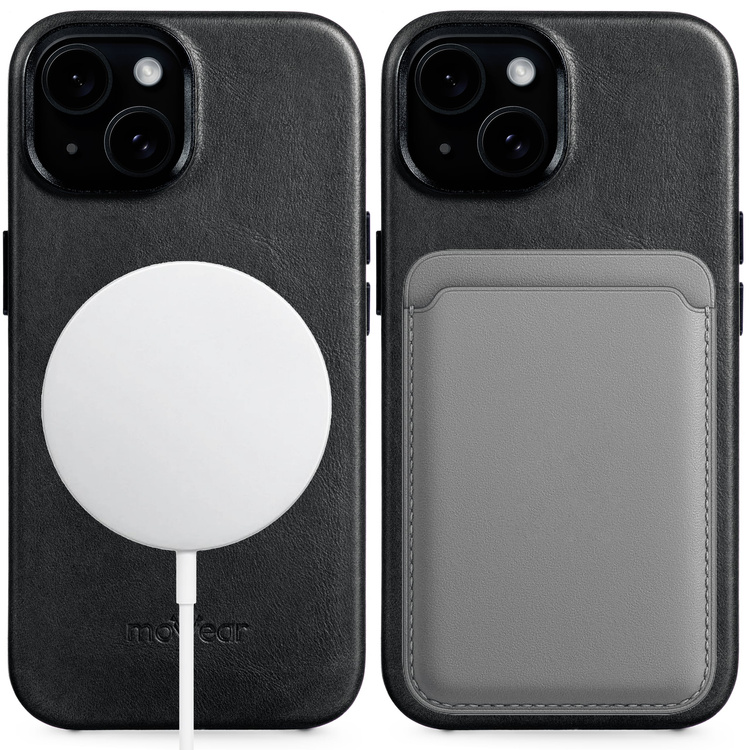 moVear backCover 4S Skórzane plecki do Apple iPhone 15 (6,1") | kompatybilne z MagSafe, Skóra naturalna olejowana (Czarna)