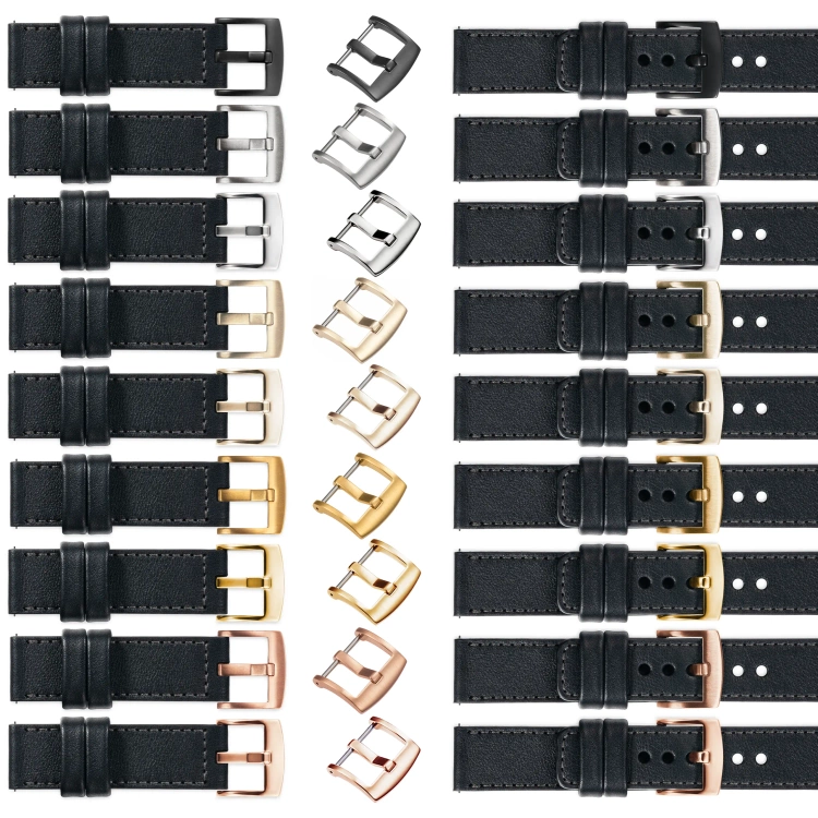 moVear Prestige C1 Skórzany pasek 20mm do Samsung Galaxy Watch 7 / 6 / 5 / 4 / 3 & Pro / FE / Classic / Active | Czarny, grafitowe przeszycie [rozmiary XS-XXL i klamra do wyboru]
