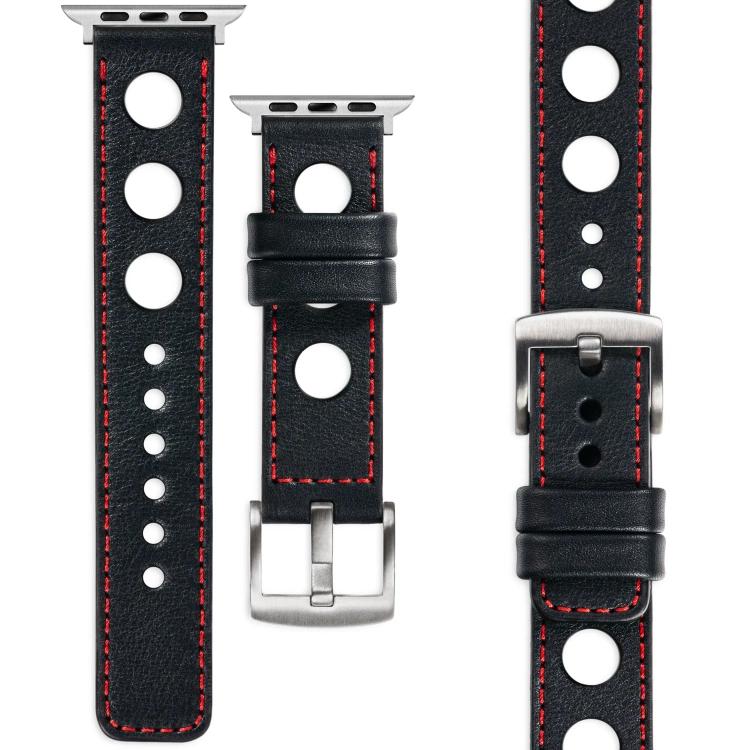moVear Prestige R1 Skórzany pasek 22mm do Apple Watch 10 / 9 / 8 / 7 / 6 / 5 / 4 / SE (42/41/40mm) | Czarny, czerwone przeszycie [rozmiary XS-XXL i klamra do wyboru]