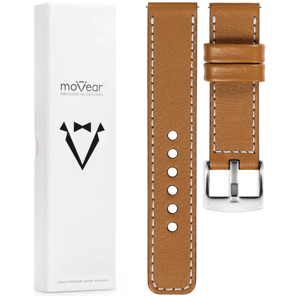 moVear Prestige C1 Skórzany pasek 22mm do zegarka | Jasnobrązowy, białe przeszycie [rozmiary XS-XXL i klamra do wyboru]