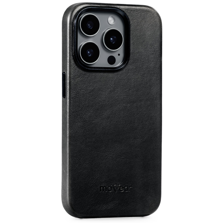 moVear backCover 4S Skórzane plecki do Apple iPhone 15 Pro Max (6.7") | kompatybilne z MagSafe, Skóra naturalna olejowana (Czarna)