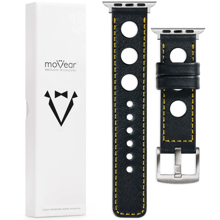moVear Prestige R1 Skórzany pasek 24mm do Apple Watch 10 / 9 / 8 / 7 / 6 / 5 / 4 / SE (46/45/44mm) & Ultra (49mm) | Czarny, żółte przeszycie [rozmiary XS-XXL i klamra do wyboru]