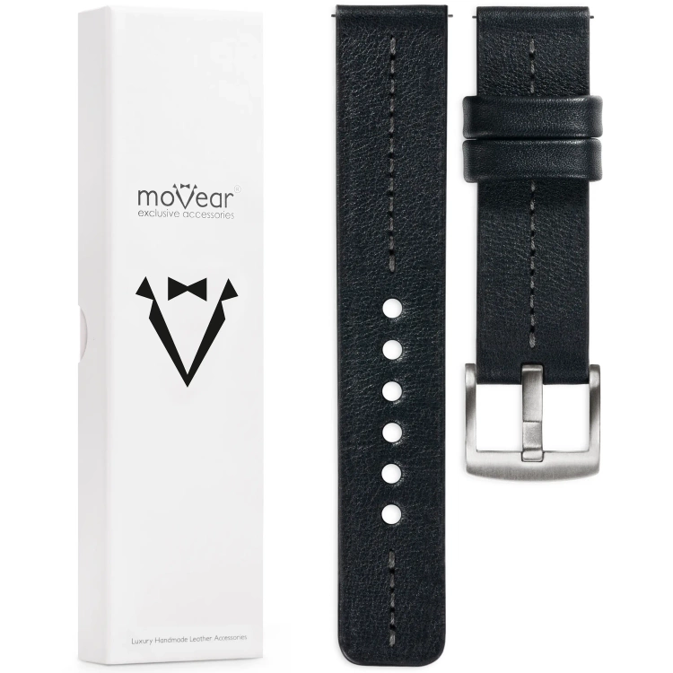 moVear Prestige C2 Skórzany pasek 22mm do zegarka | Czarny, grafitowe przeszycie [rozmiary XS-XXL i klamra do wyboru]