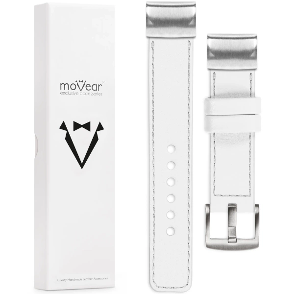 moVear Prestige C1 Skórzany pasek do Garmin QuickFit 22mm (Fenix / Forerunner / Epix / Instinct / Enduro / Quatix / MARQ - 47/45mm) | Biały, srebrne przeszycie [rozmiary XS-XXL i klamra do wyboru]