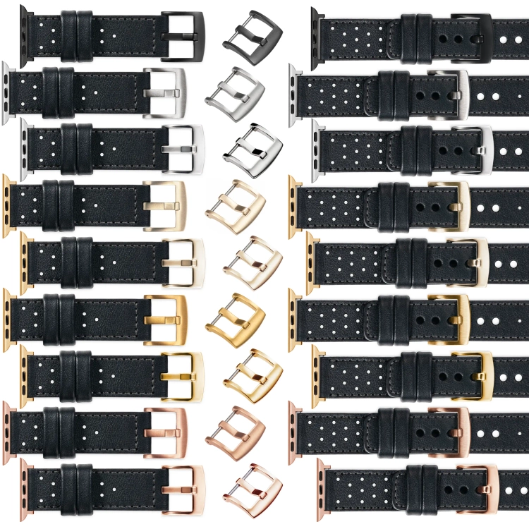 moVear Prestige R2 Skórzany pasek 20mm do Apple Watch 10 / 9 / 8 / 7 / 6 / 5 / 4 / SE (42/41/40mm) | Czarny, grafitowe przeszycie [rozmiary XS-XXL i klamra do wyboru]