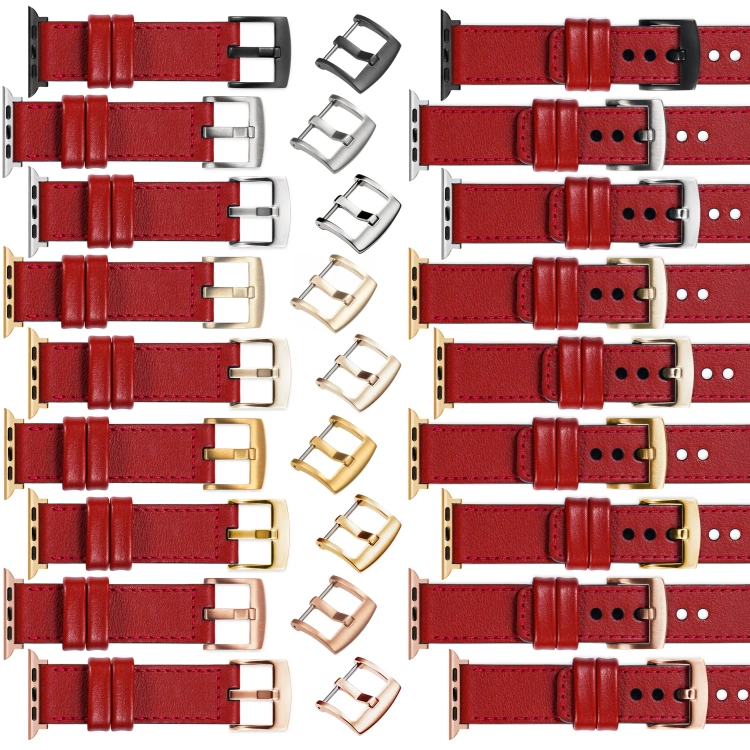moVear Prestige C1 Skórzany pasek 20mm do Apple Watch 10 / 9 / 8 / 7 / 6 / 5 / 4 / SE (46/45/44mm) & Ultra (49mm) | Czerwony szkarłatny, czerwone przeszycie [rozmiary XS-XXL i klamra do wyboru]