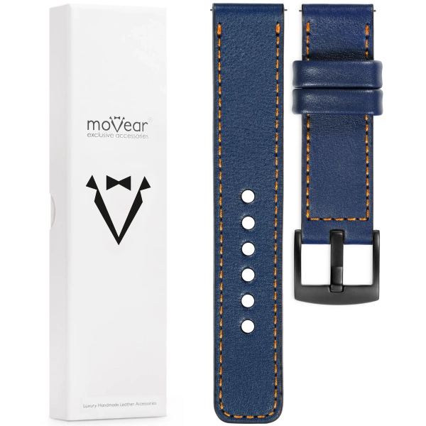 moVear Prestige C1 Skórzany pasek 22mm do Samsung Galaxy Watch 3 (45mm) / Watch (46mm) / Gear S3 | Granatowy, pomarańczowe przeszycie [rozmiary XS-XXL i klamra do wyboru]