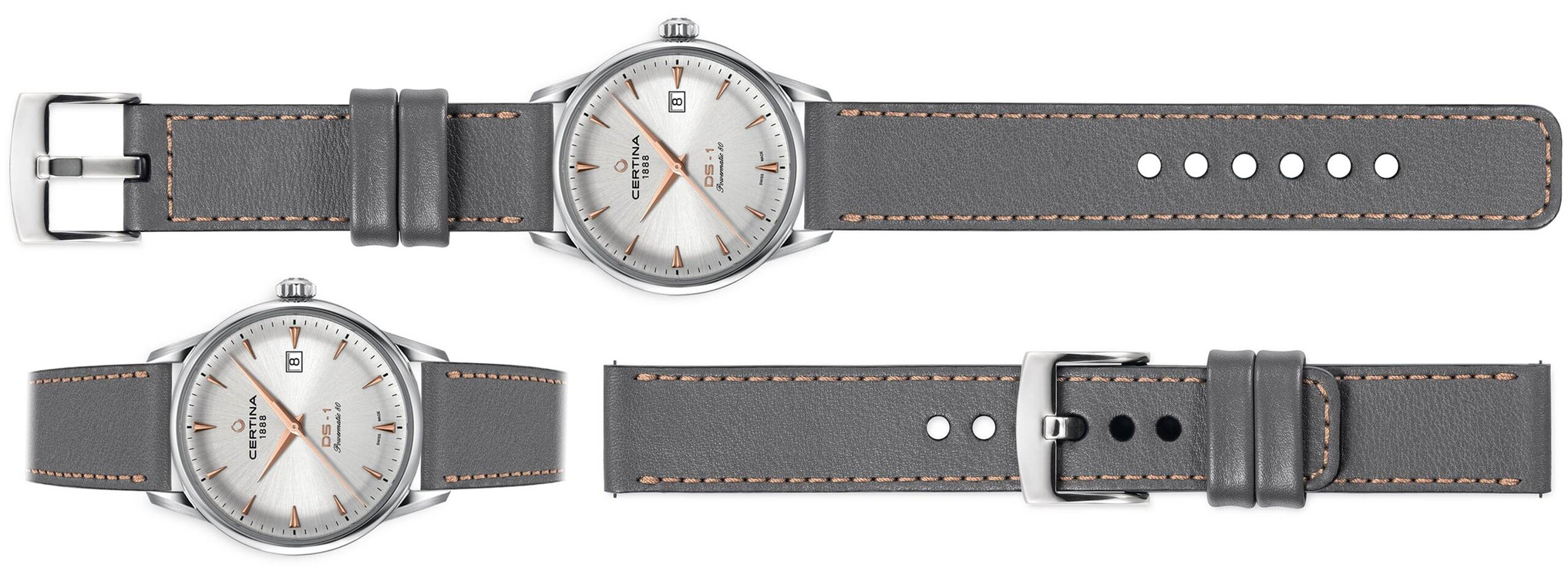 moVear Prestige C1 Skórzany pasek 20mm do Certina DS-1 C029.807.16.031.01 | Szary, różowe złoto przeszycie [rozmiary XS-XXL]