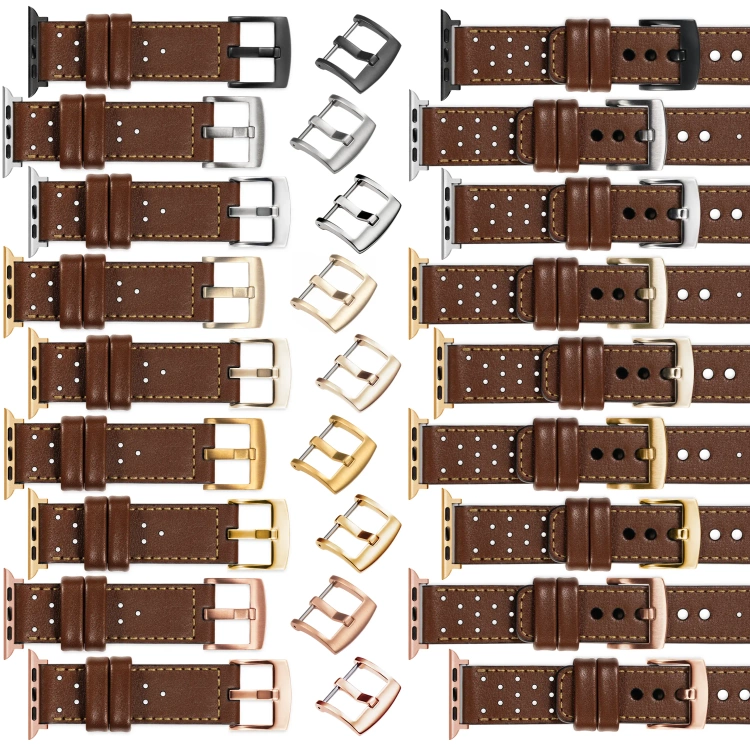 moVear Prestige R2 Skórzany pasek 22mm do Apple Watch 10 / 9 / 8 / 7 / 6 / 5 / 4 / SE (46/45/44mm) & Ultra (49mm) | Ciemnobrązowy, złote przeszycie [rozmiary XS-XXL i klamra do wyboru]