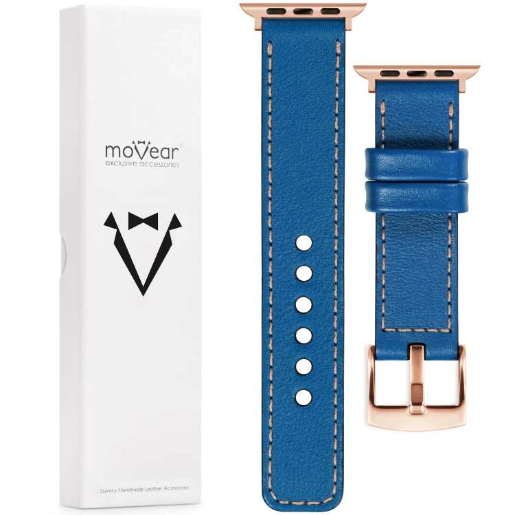 moVear Prestige C1 Skórzany pasek 20mm do Apple Watch 10 / 9 / 8 / 7 / 6 / 5 / 4 / SE (46/45/44mm) & Ultra (49mm) | Niebieski, różowe złoto przeszycie [rozmiary XS-XXL i klamra do wyboru]