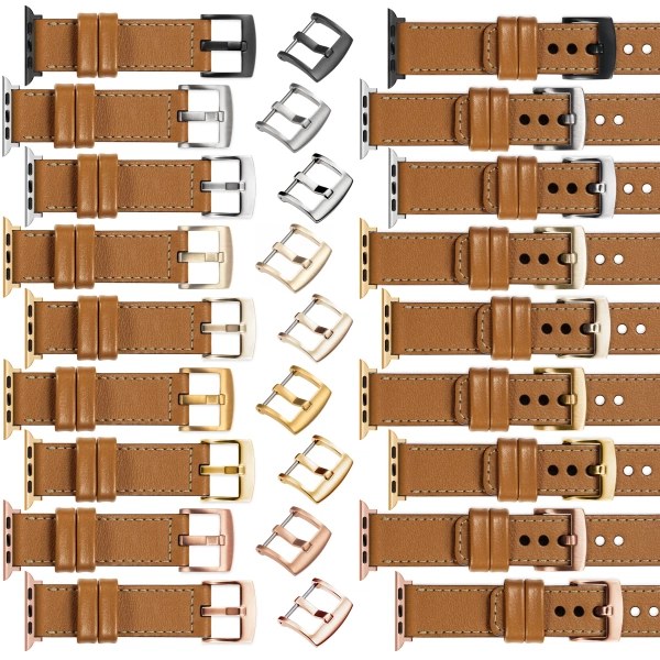 moVear Prestige C1 Skórzany pasek 22mm do Apple Watch 10 / 9 / 8 / 7 / 6 / 5 / 4 / SE (46/45/44mm) & Ultra (49mm) | Jasnobrązowy, kremowe przeszycie [rozmiary XS-XXL i klamra do wyboru]