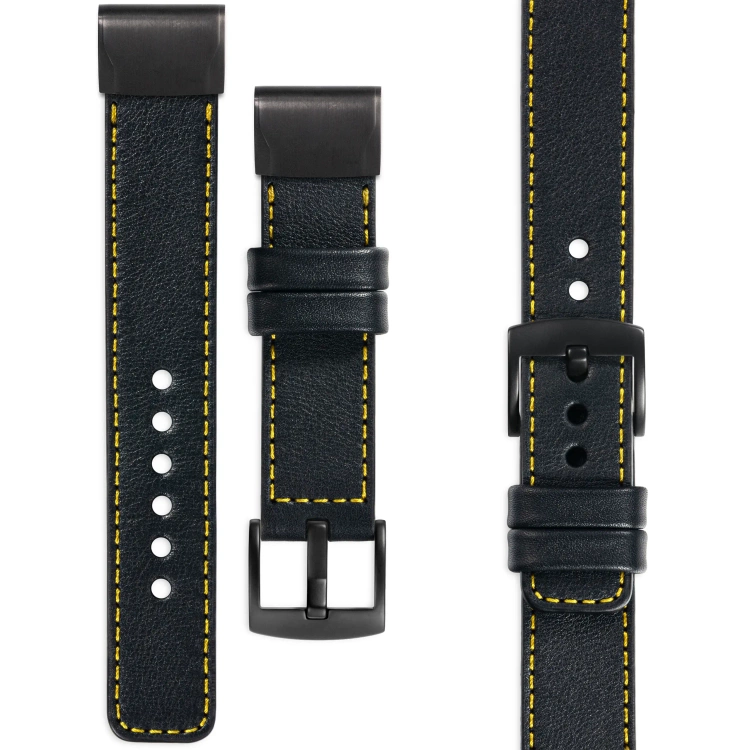 moVear Prestige C1 Skórzany pasek do Garmin QuickFit 26mm (Fenix / Epix / Quatix / Tactix / Enduro - 51mm) | Czarny, żółte przeszycie [rozmiary XS-XXL i klamra do wyboru]