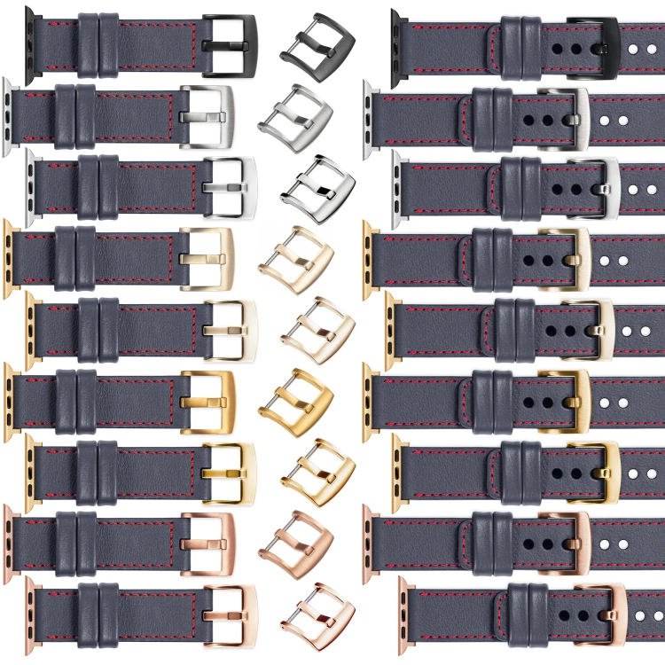 moVear Prestige C1 Skórzany pasek 24mm do Apple Watch 10 / 9 / 8 / 7 / 6 / 5 / 4 / SE (46/45/44mm) & Ultra (49mm) | Szary stalowy, czerwone przeszycie [rozmiary XS-XXL i klamra do wyboru]