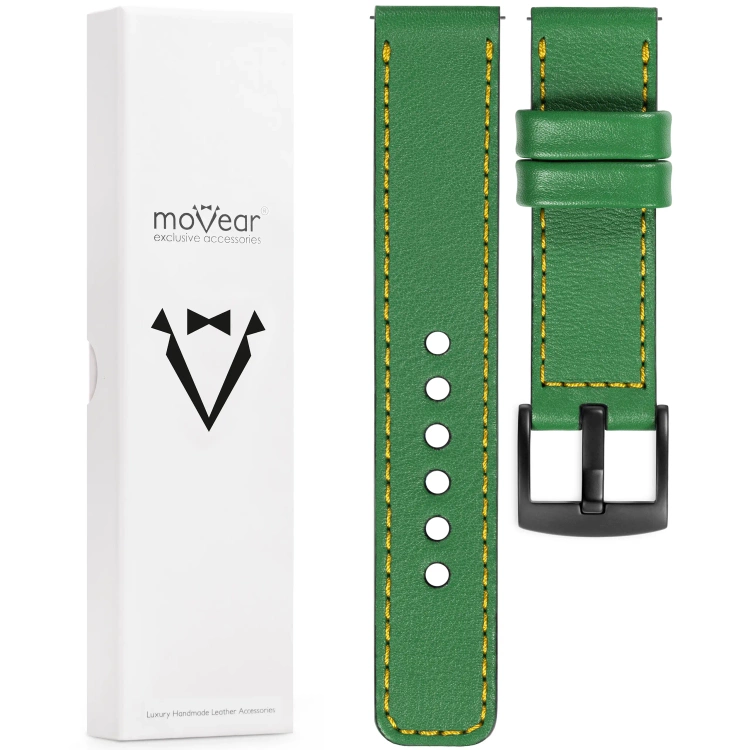 moVear Prestige C1 Skórzany pasek 22mm do zegarka | Zielony, żółte przeszycie [rozmiary XS-XXL i klamra do wyboru]