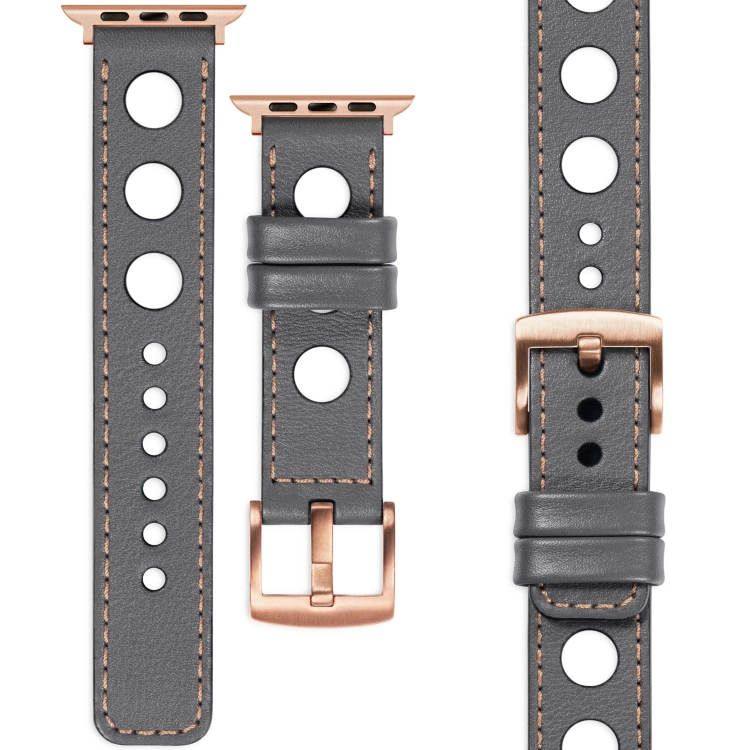 moVear Prestige R1 Skórzany pasek 22mm do Apple Watch 10 / 9 / 8 / 7 / 6 / 5 / 4 / SE (46/45/44mm) & Ultra (49mm) | Szary, różowe złoto przeszycie [rozmiary XS-XXL i klamra do wyboru]